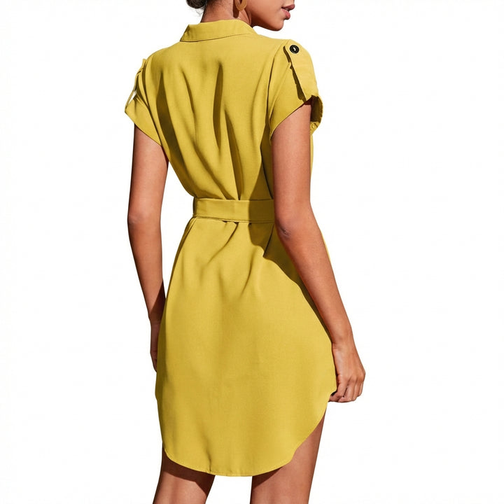 V-Neck Short Sleeve Belted Summer Dress