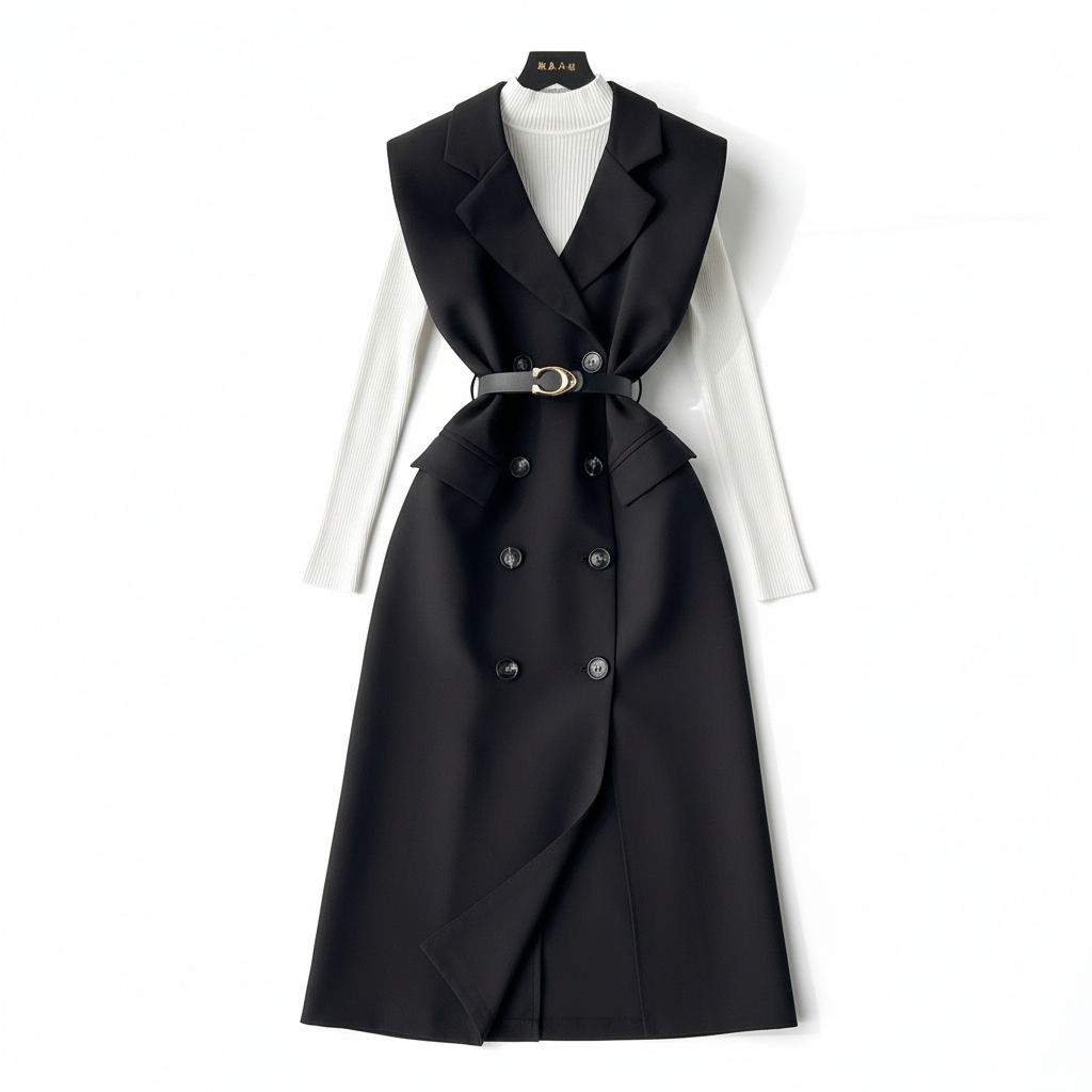 Retro Double-Breasted Suit Dress Set – Knitted Top &amp; Vest Dress