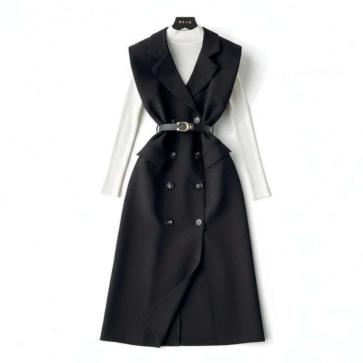 Retro Double-Breasted Suit Dress Set – Knitted Top &amp; Vest Dress