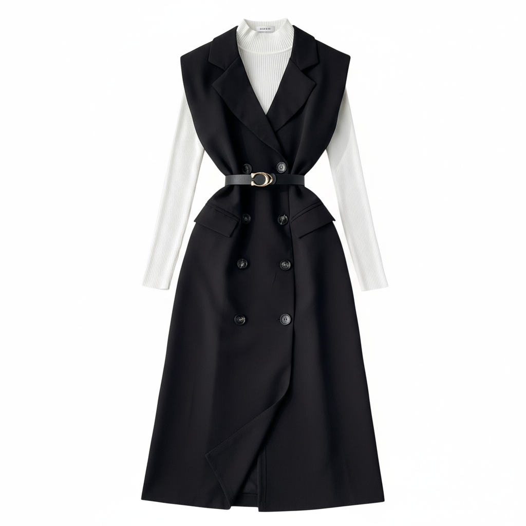 Retro Double-Breasted Suit Dress Set – Knitted Top &amp; Vest Dress