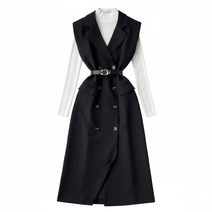 Retro Double-Breasted Suit Dress Set – Knitted Top &amp; Vest Dress