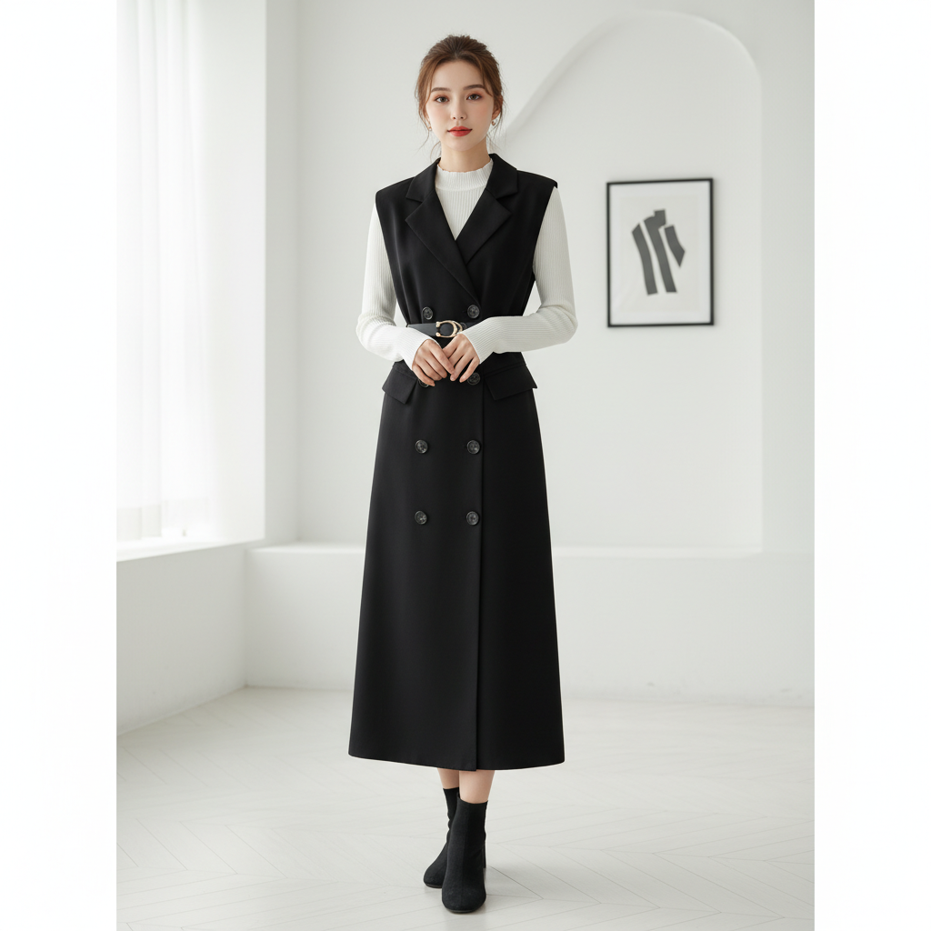 Retro Double-Breasted Suit Dress Set – Knitted Top &amp; Vest Dress