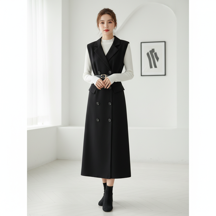 Retro Double-Breasted Suit Dress Set – Knitted Top &amp; Vest Dress