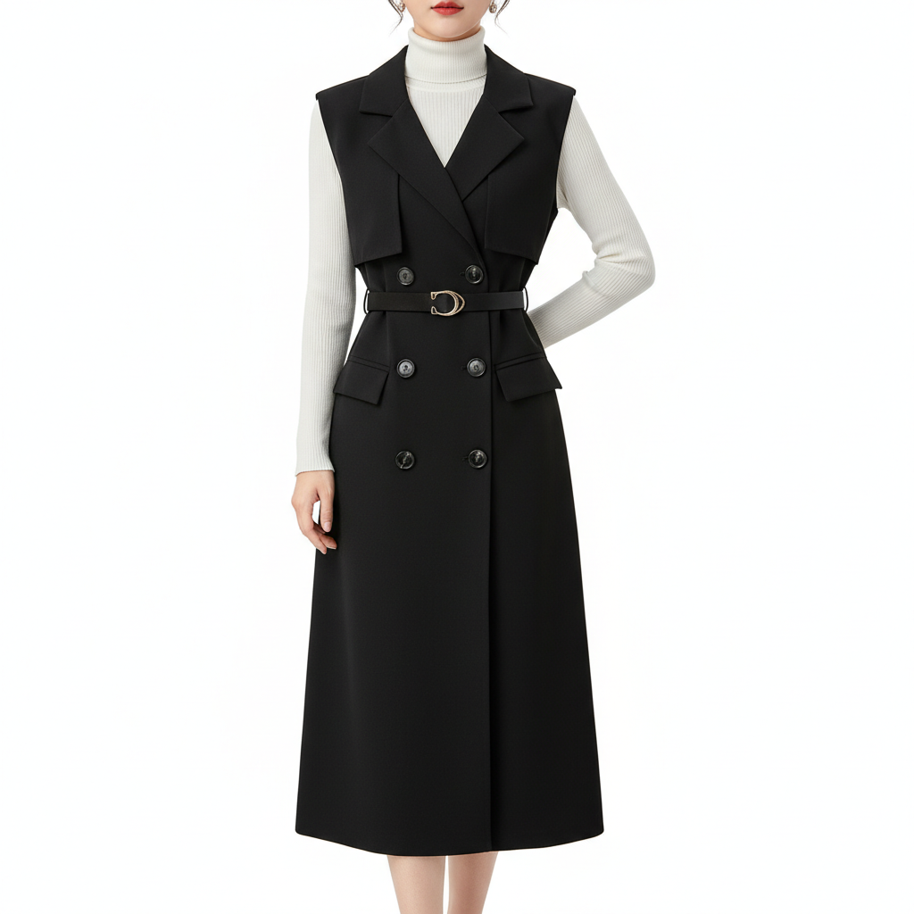 Retro Double-Breasted Suit Dress Set – Knitted Top &amp; Vest Dress