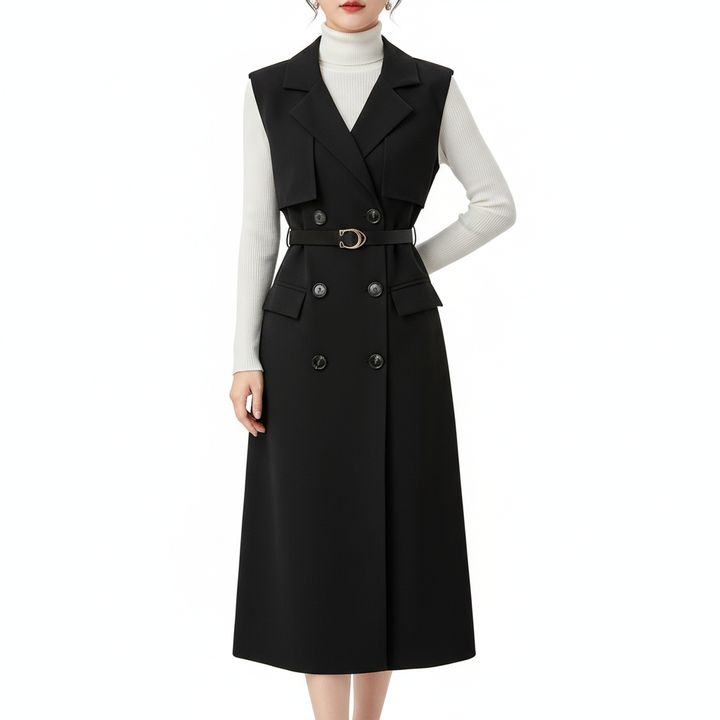 Retro Double-Breasted Suit Dress Set – Knitted Top &amp; Vest Dress