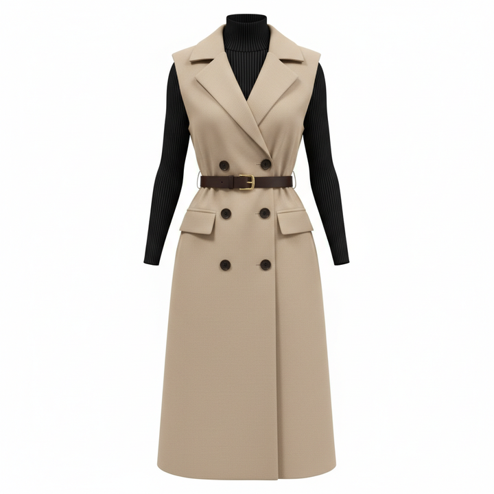 Retro Double-Breasted Suit Dress Set – Knitted Top &amp; Vest Dress