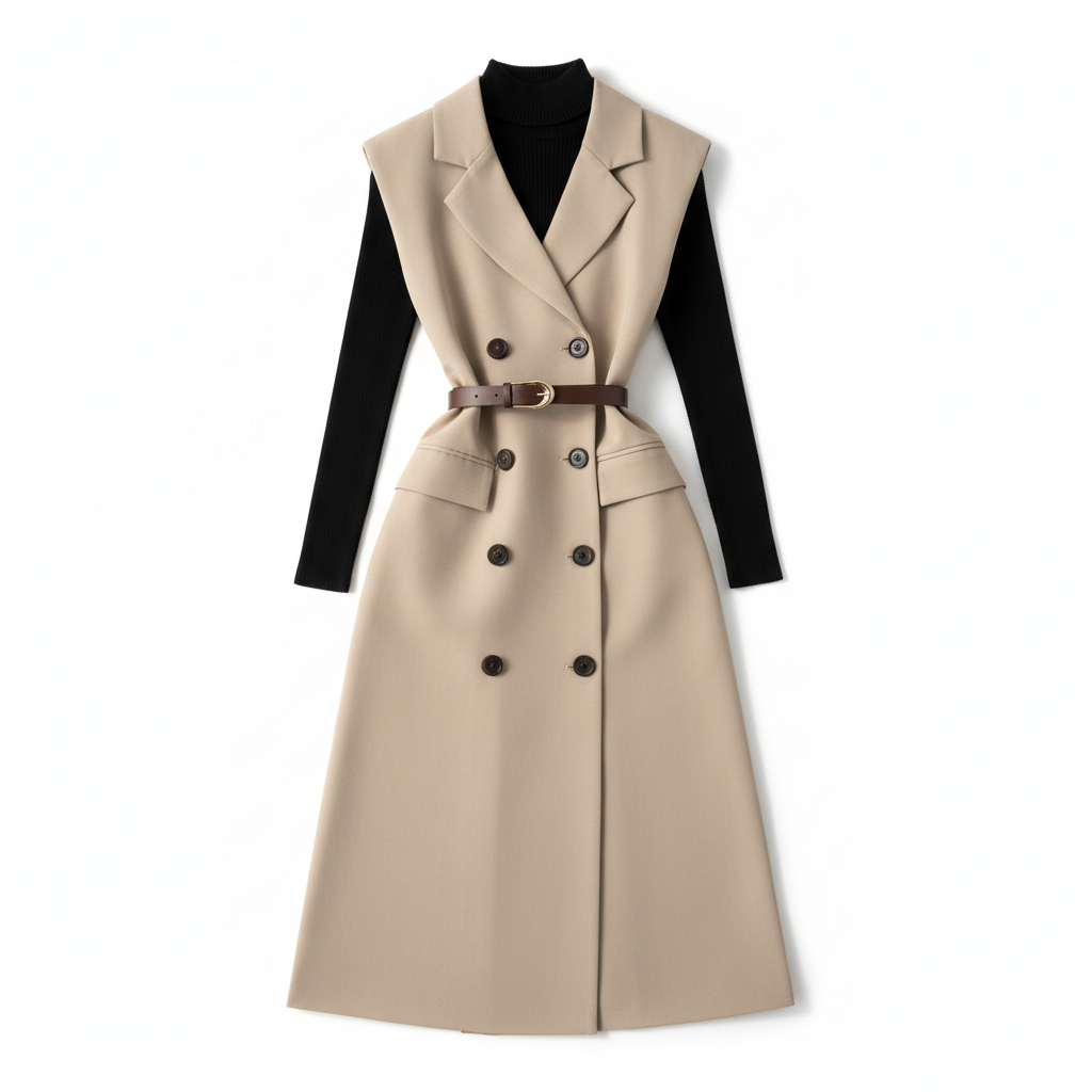 Retro Double-Breasted Suit Dress Set – Knitted Top &amp; Vest Dress