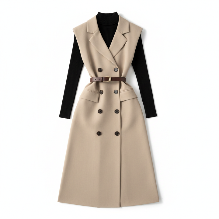 Retro Double-Breasted Suit Dress Set – Knitted Top &amp; Vest Dress