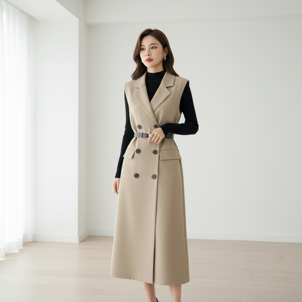 Retro Double-Breasted Suit Dress Set – Knitted Top &amp; Vest Dress