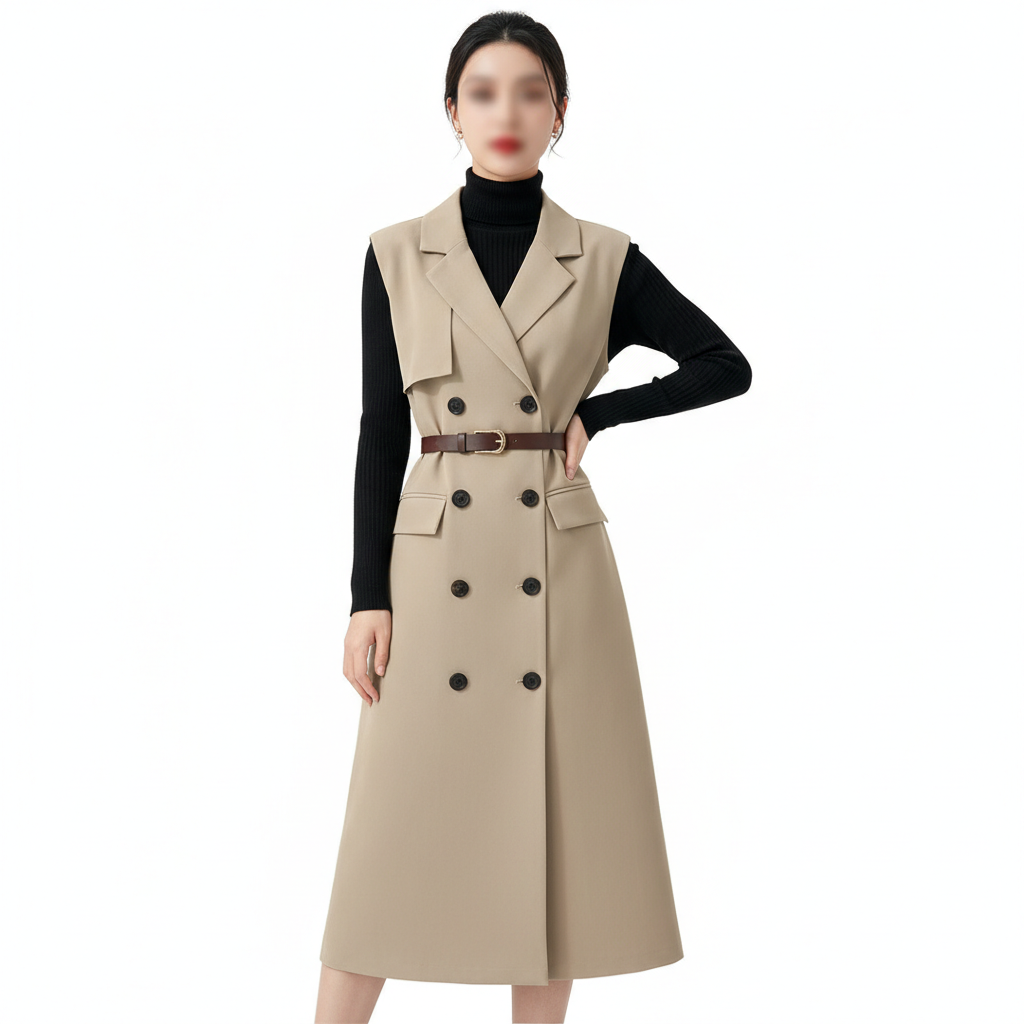 Retro Double-Breasted Suit Dress Set – Knitted Top &amp; Vest Dress