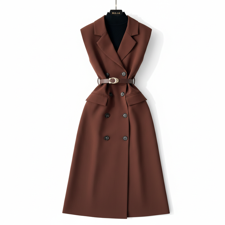 Retro Double-Breasted Suit Dress Set – Knitted Top &amp; Vest Dress