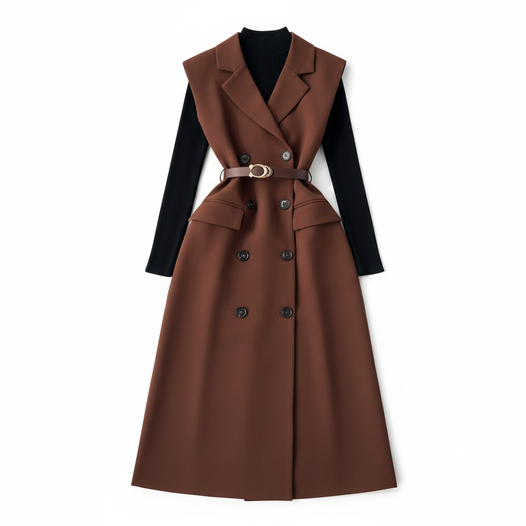 Retro Double-Breasted Suit Dress Set – Knitted Top &amp; Vest Dress