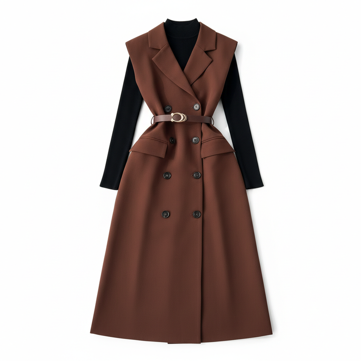 Retro Double-Breasted Suit Dress Set – Knitted Top &amp; Vest Dress