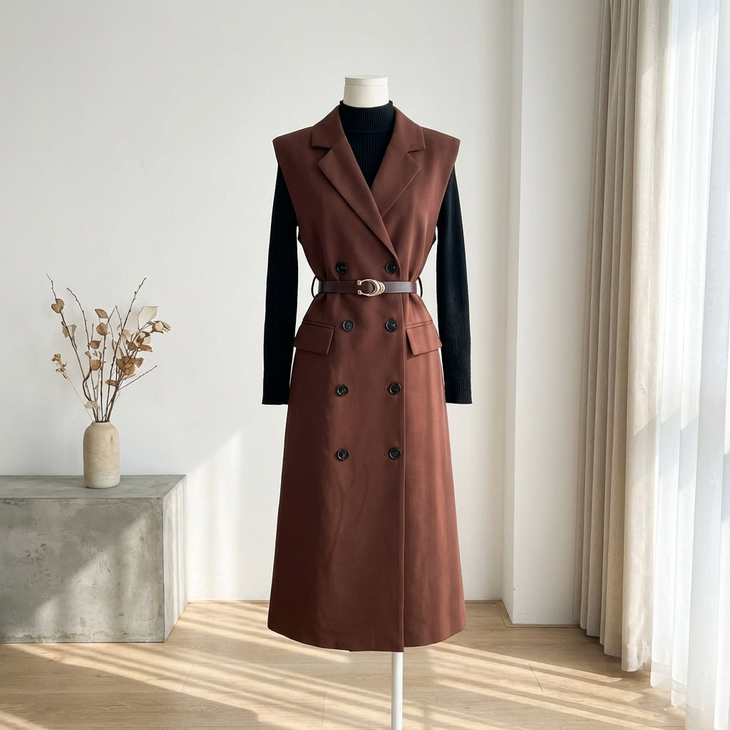 Retro Double-Breasted Suit Dress Set – Knitted Top &amp; Vest Dress