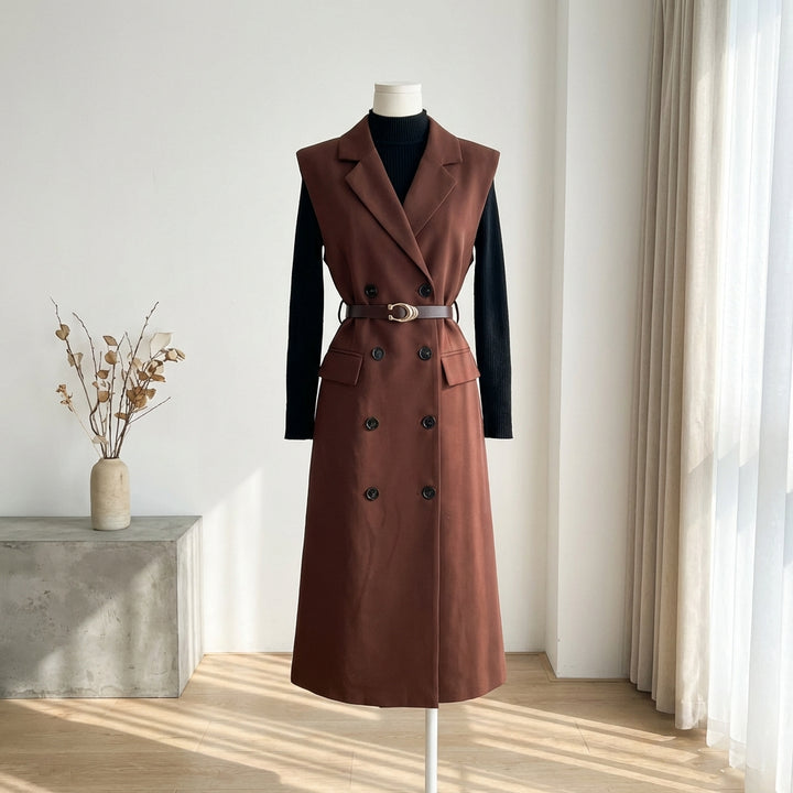 Retro Double-Breasted Suit Dress Set – Knitted Top &amp; Vest Dress