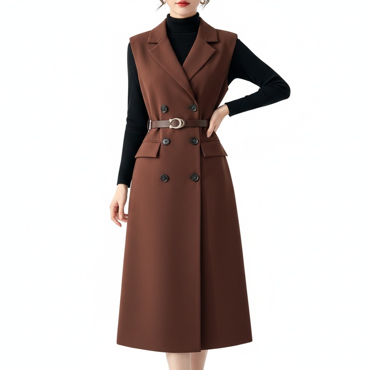Retro Double-Breasted Suit Dress Set – Knitted Top &amp; Vest Dress