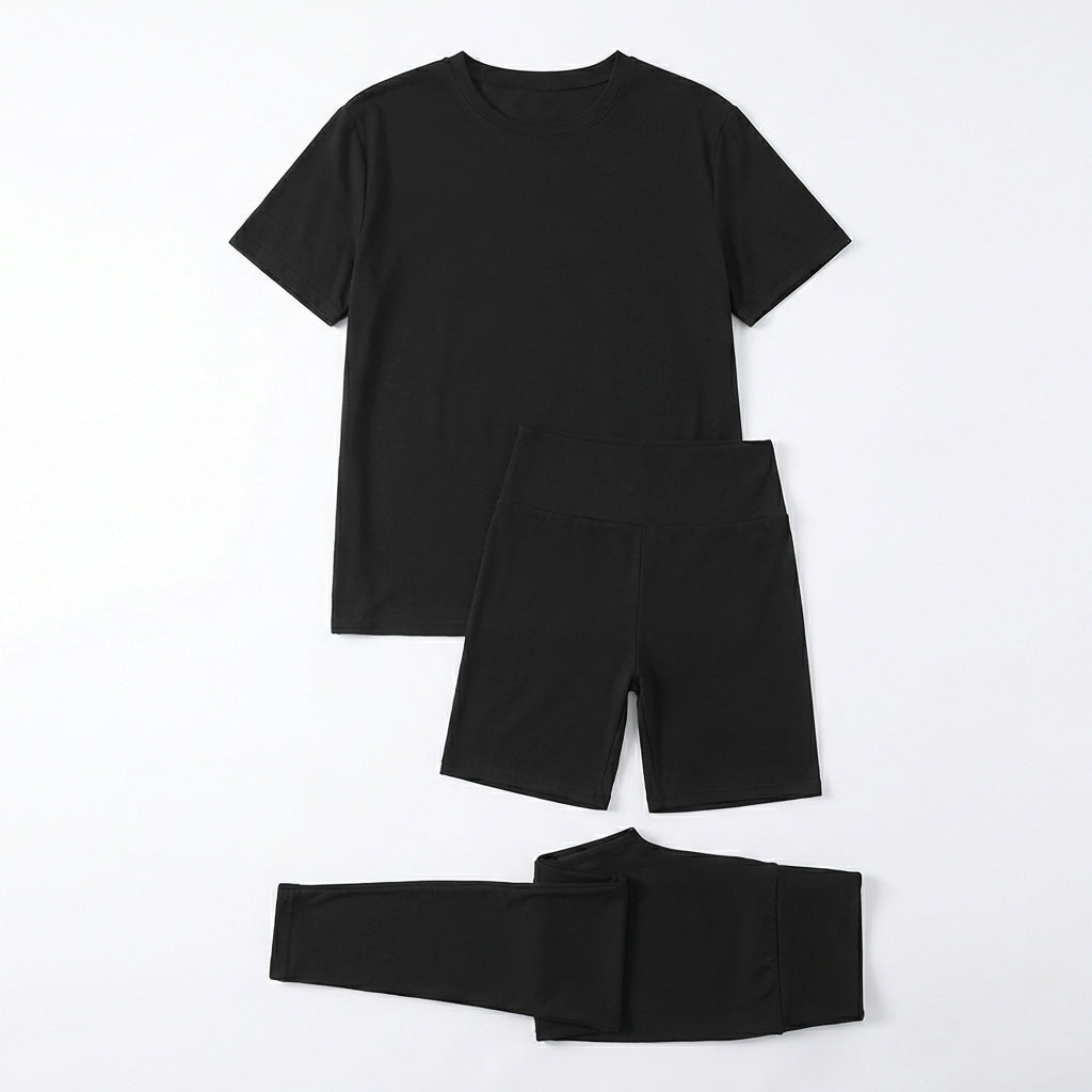 Women's 3-Piece Lounge Set – Short Sleeve Round Neck Top with Shorts & Pants