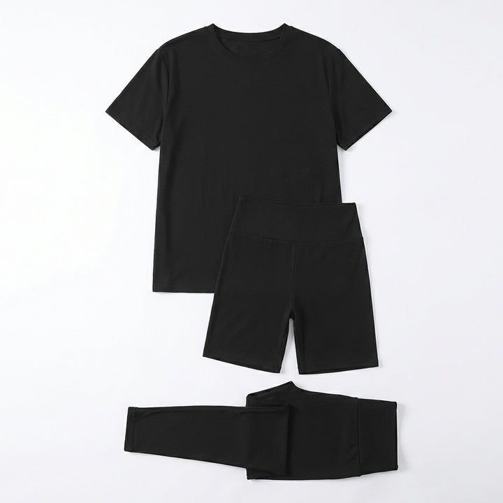 Women's 3-Piece Lounge Set – Short Sleeve Round Neck Top with Shorts & Pants