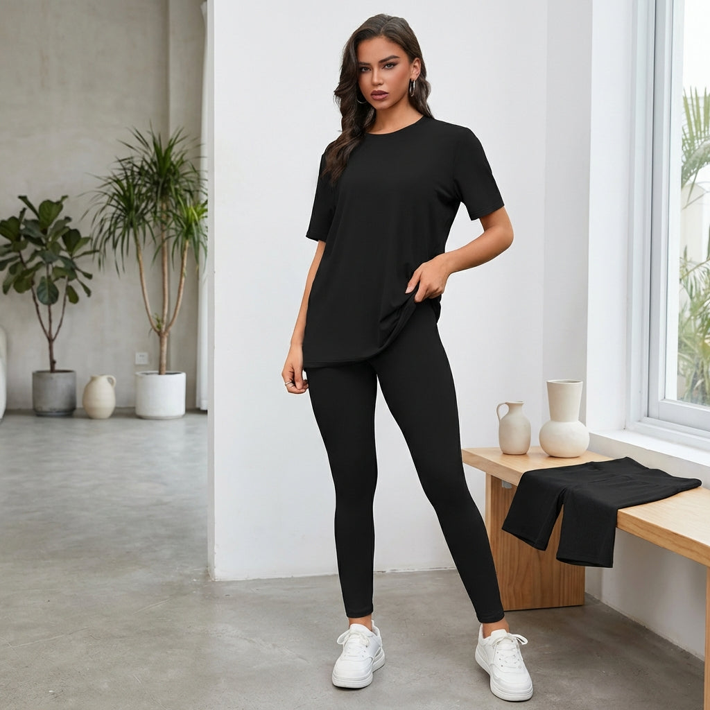 Women's 3-Piece Lounge Set – Short Sleeve Round Neck Top with Shorts & Pants