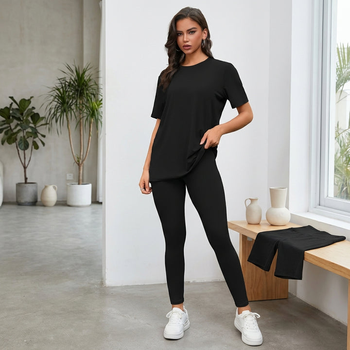 Women's 3-Piece Lounge Set – Short Sleeve Round Neck Top with Shorts & Pants