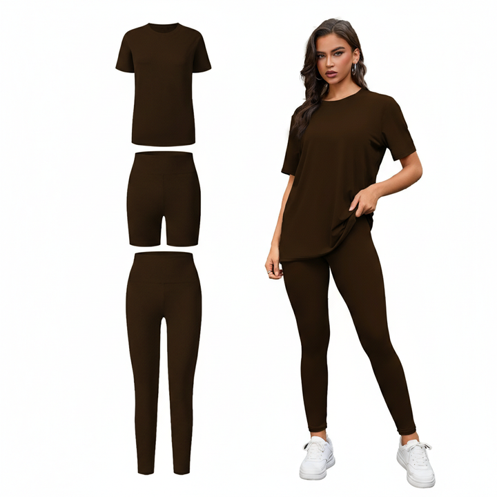 Women's 3-Piece Lounge Set – Short Sleeve Round Neck Top with Shorts & Pants
