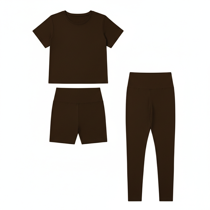 Women's 3-Piece Lounge Set – Short Sleeve Round Neck Top with Shorts & Pants