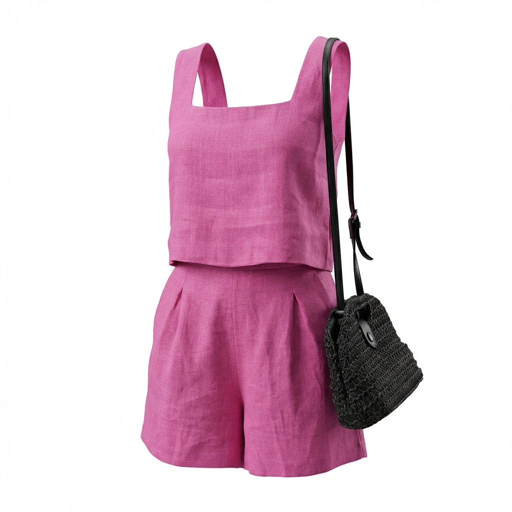 Women's 2-Piece Summer Lounge Set – Square Neck Top & Shorts Outfit