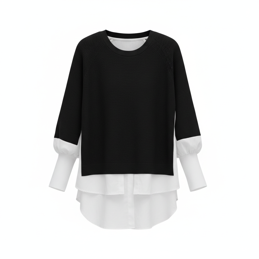 Europe Station Autumn And Winter Women Sweater Splicing Shirt Fake Two-piece Set Of Women Foreign Style Knitted Top Fashion Wholesale