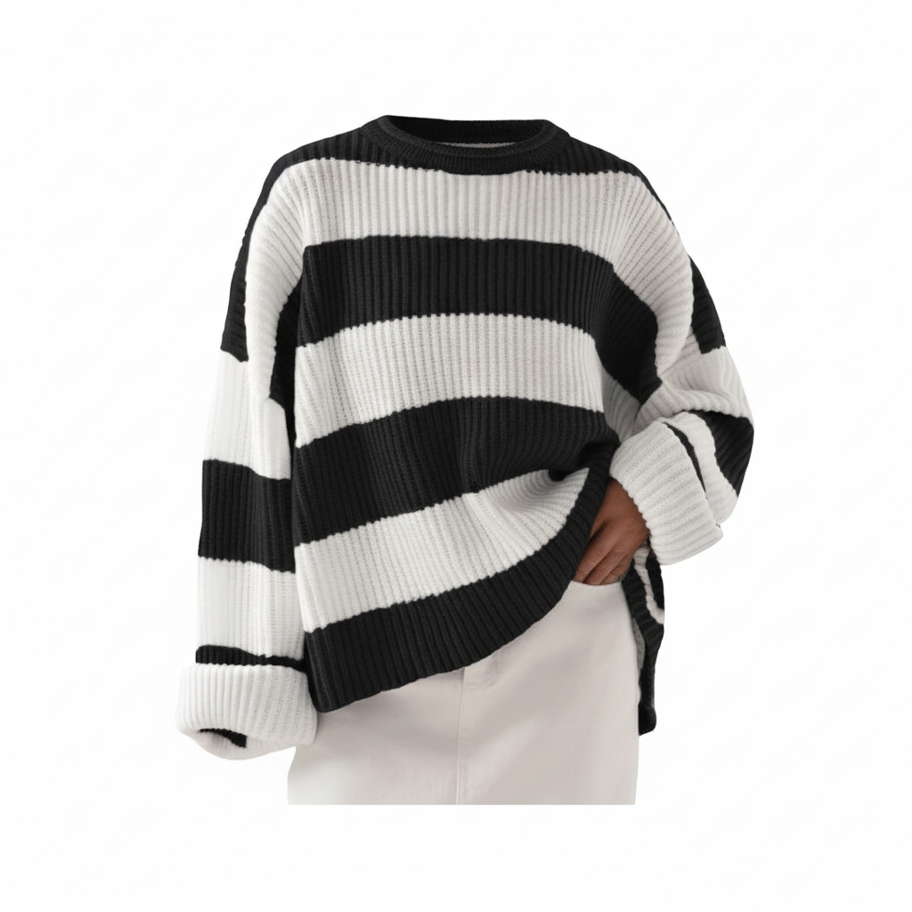 Loose Striped Sweater Fashion Casual Long Batwing Sleeve Round Neck Pullover Knit Tops Women Clothing