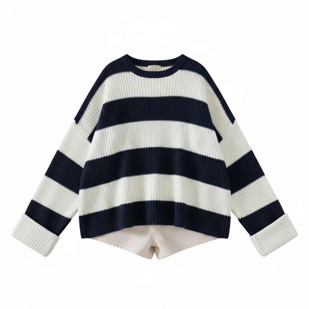Loose Striped Sweater Fashion Casual Long Batwing Sleeve Round Neck Pullover Knit Tops Women Clothing