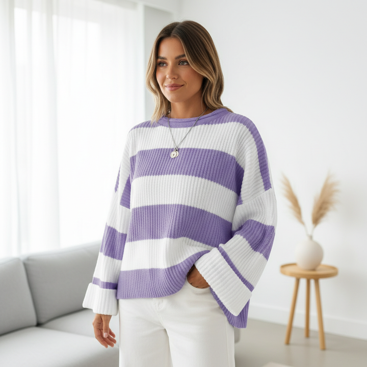 Loose Striped Sweater Fashion Casual Long Batwing Sleeve Round Neck Pullover Knit Tops Women Clothing