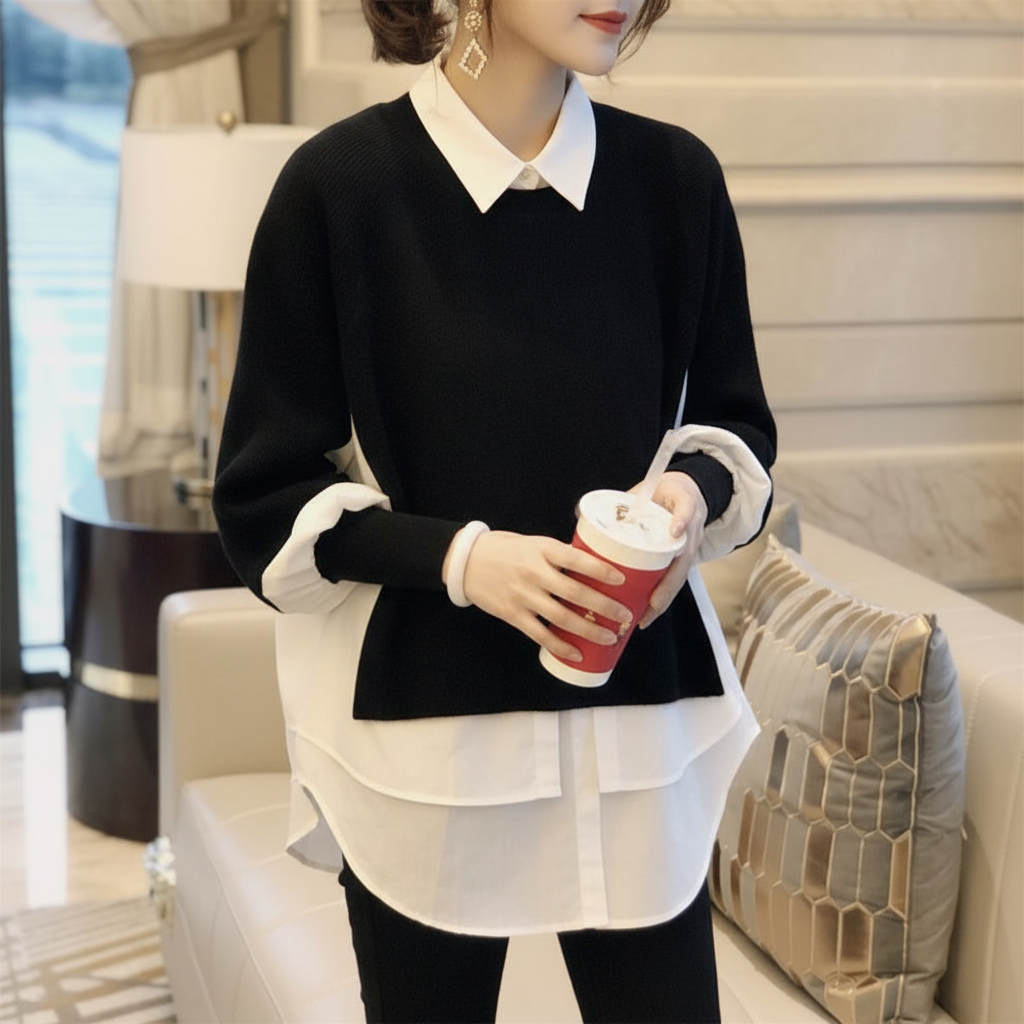 Europe Station Autumn And Winter Women Sweater Splicing Shirt Fake Two-piece Set Of Women Foreign Style Knitted Top Fashion Wholesale