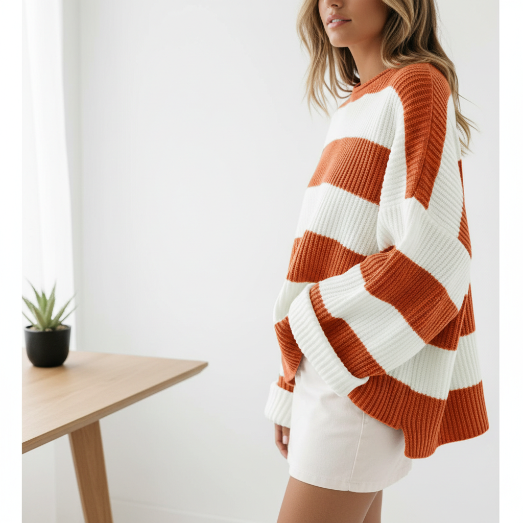 Loose Striped Sweater Fashion Casual Long Batwing Sleeve Round Neck Pullover Knit Tops Women Clothing