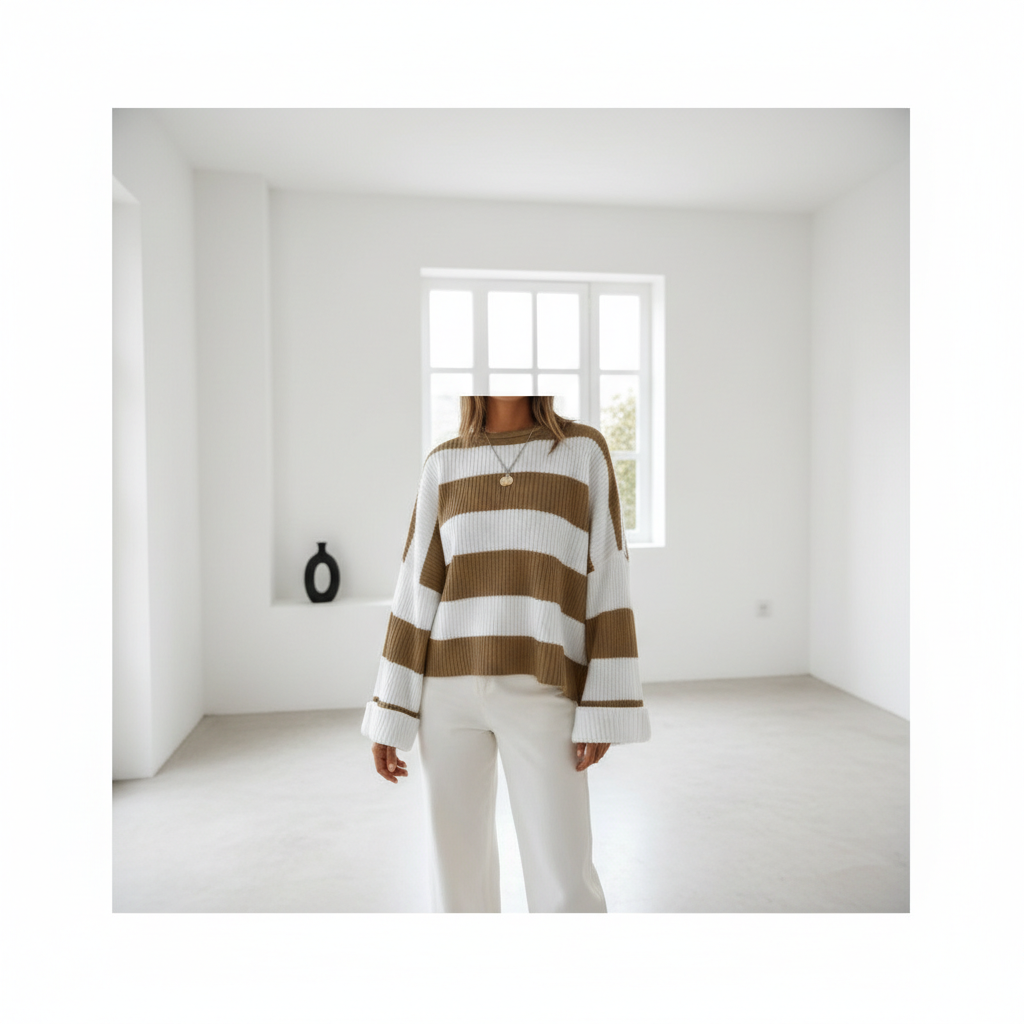 Loose Striped Sweater Fashion Casual Long Batwing Sleeve Round Neck Pullover Knit Tops Women Clothing