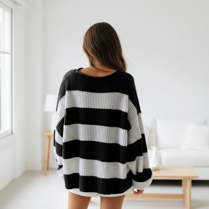Loose Striped Sweater Fashion Casual Long Batwing Sleeve Round Neck Pullover Knit Tops Women Clothing