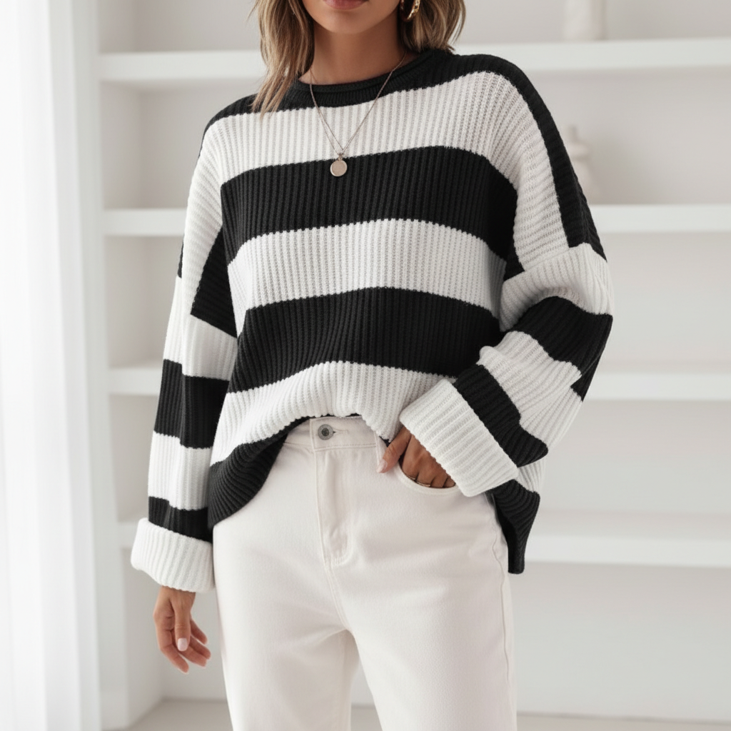 Loose Striped Sweater Fashion Casual Long Batwing Sleeve Round Neck Pullover Knit Tops Women Clothing