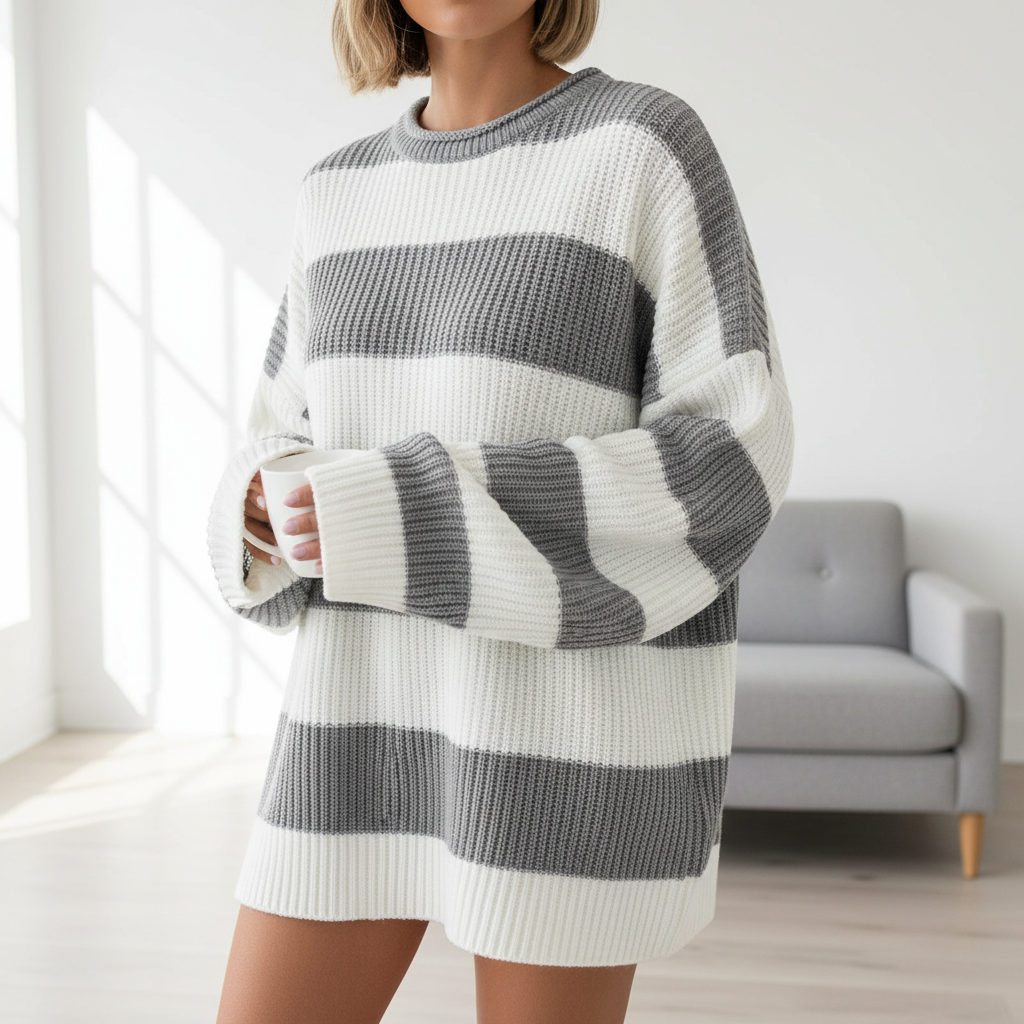 Loose Striped Sweater Fashion Casual Long Batwing Sleeve Round Neck Pullover Knit Tops Women Clothing