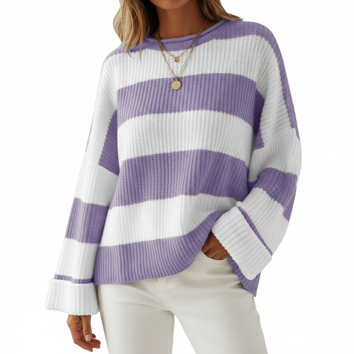Loose Striped Sweater Fashion Casual Long Batwing Sleeve Round Neck Pullover Knit Tops Women Clothing