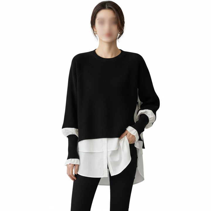 Europe Station Autumn And Winter Women Sweater Splicing Shirt Fake Two-piece Set Of Women Foreign Style Knitted Top Fashion Wholesale