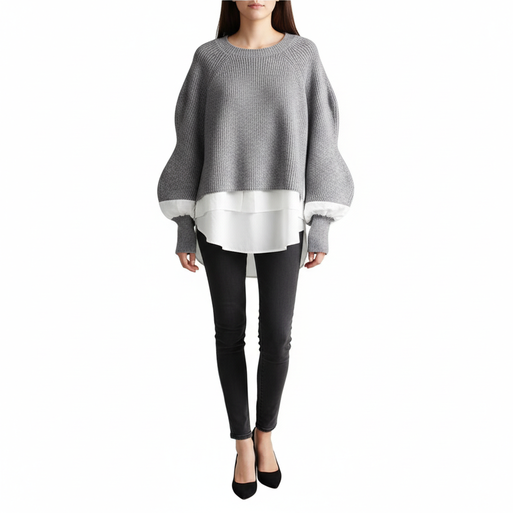 Europe Station Autumn And Winter Women Sweater Splicing Shirt Fake Two-piece Set Of Women Foreign Style Knitted Top Fashion Wholesale