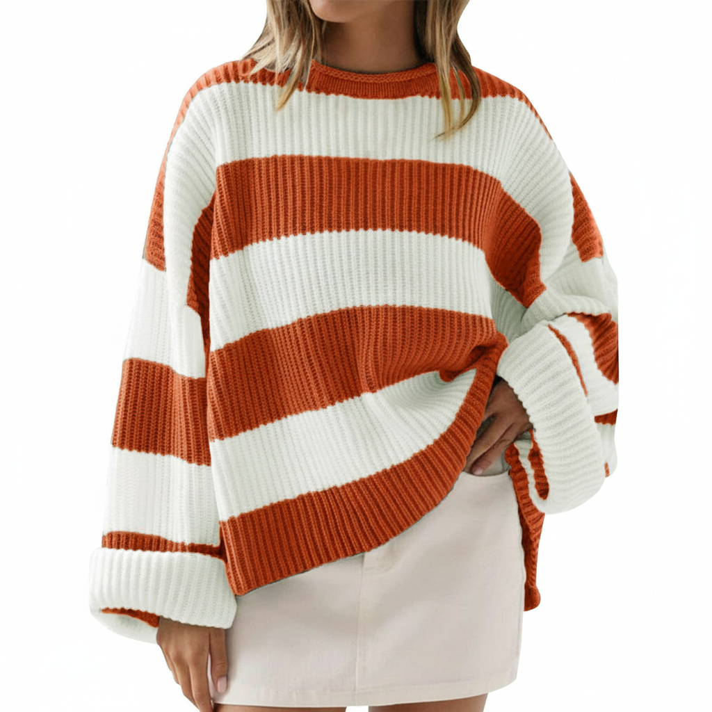 Loose Striped Sweater Fashion Casual Long Batwing Sleeve Round Neck Pullover Knit Tops Women Clothing