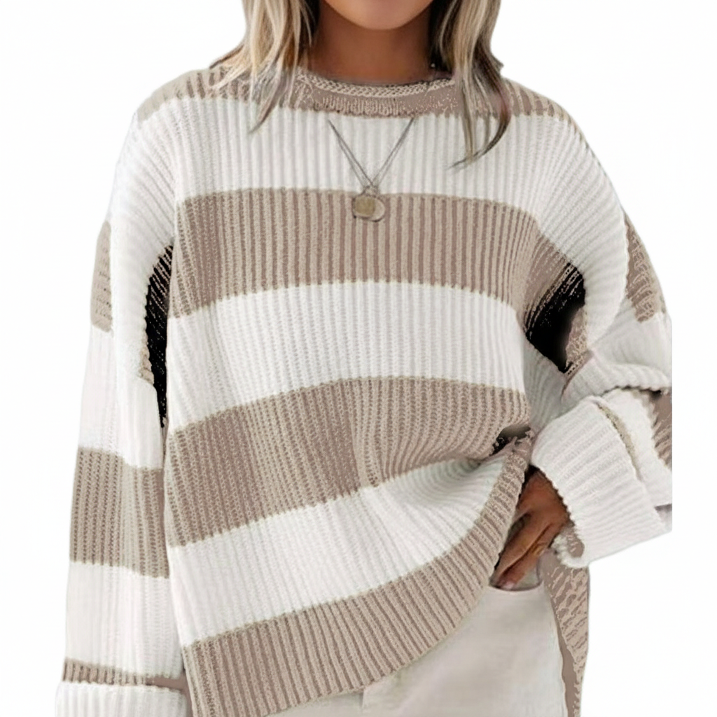 Loose Striped Sweater Fashion Casual Long Batwing Sleeve Round Neck Pullover Knit Tops Women Clothing