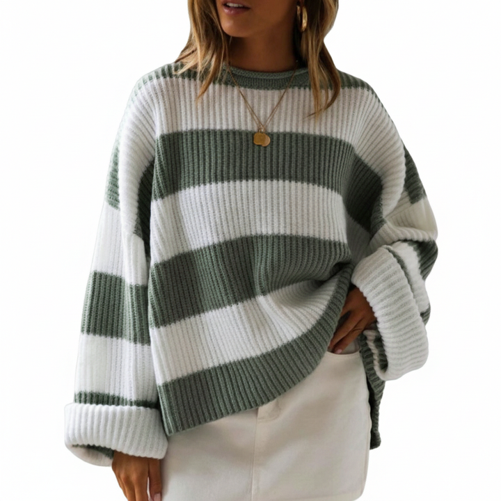 Loose Striped Sweater Fashion Casual Long Batwing Sleeve Round Neck Pullover Knit Tops Women Clothing