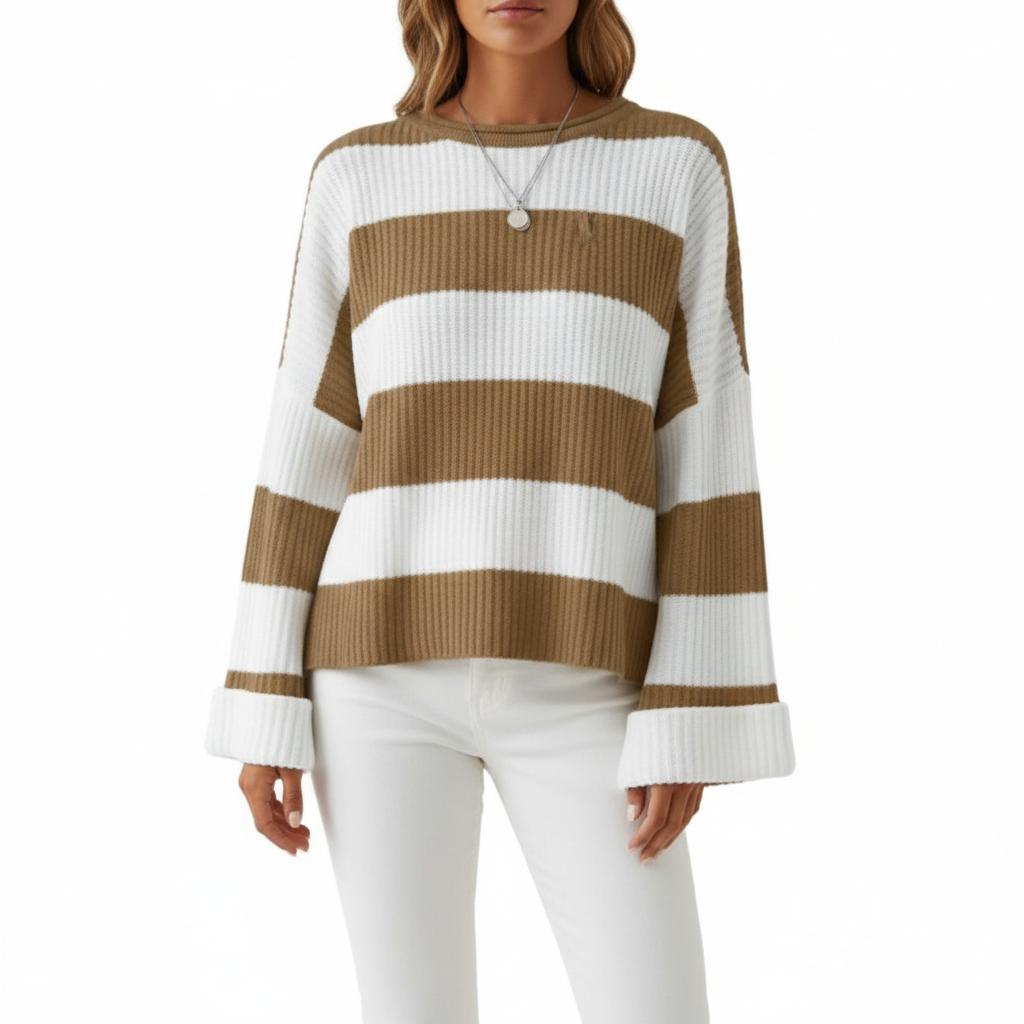 Loose Striped Sweater Fashion Casual Long Batwing Sleeve Round Neck Pullover Knit Tops Women Clothing