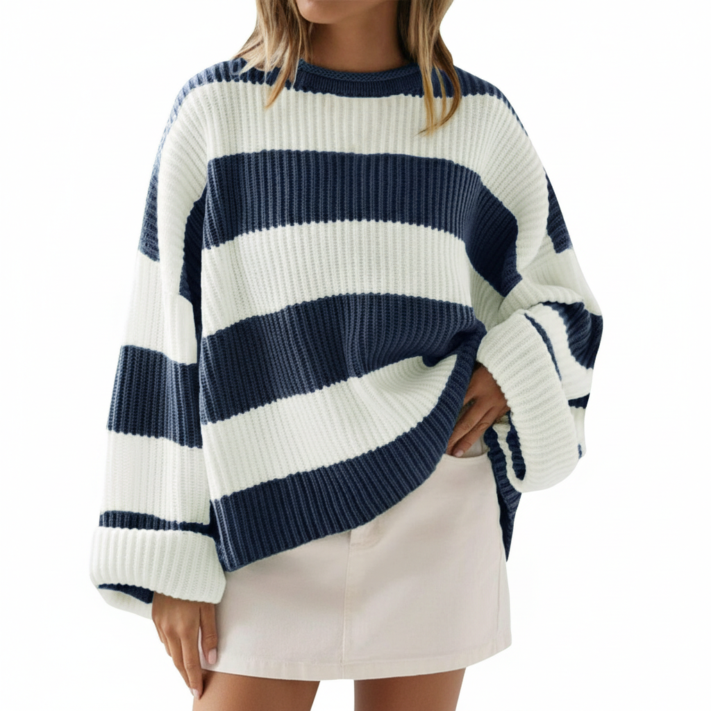 Loose Striped Sweater Fashion Casual Long Batwing Sleeve Round Neck Pullover Knit Tops Women Clothing