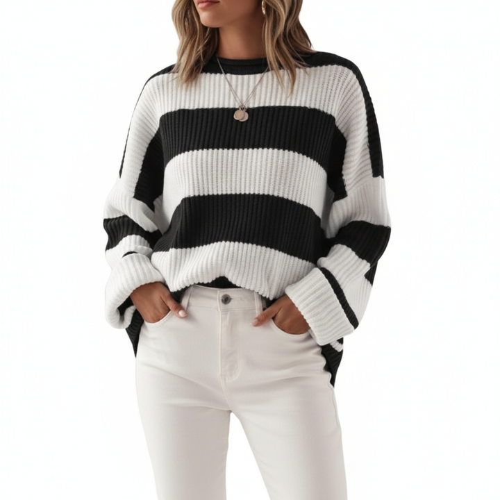 Loose Striped Sweater Fashion Casual Long Batwing Sleeve Round Neck Pullover Knit Tops Women Clothing