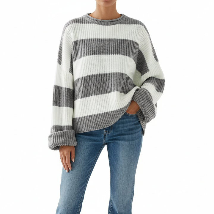Loose Striped Sweater Fashion Casual Long Batwing Sleeve Round Neck Pullover Knit Tops Women Clothing