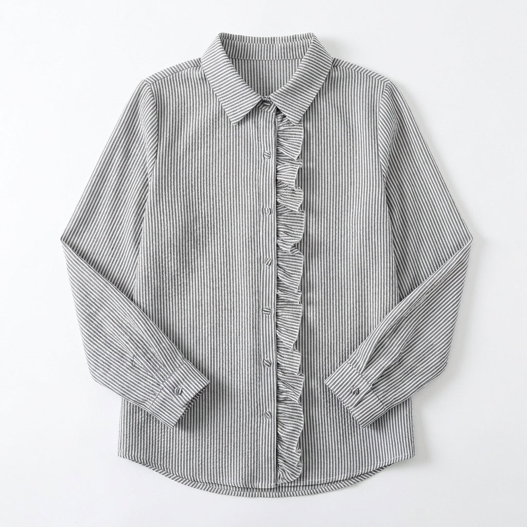 Women's Striped Ruffle Button-Up Blouse – Long Sleeve Office & Casual Shirt