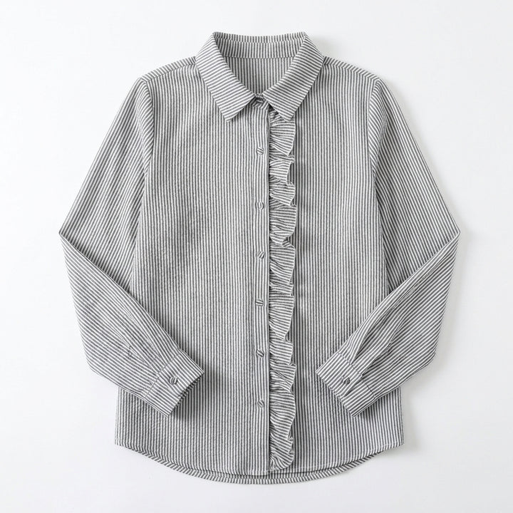 Women's Striped Ruffle Button-Up Blouse – Long Sleeve Office & Casual Shirt