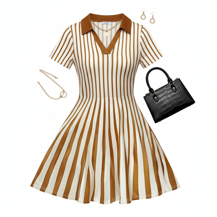 Women's Polo Dress Elegant Striped V Neck Short Sleeve A Line Dresses